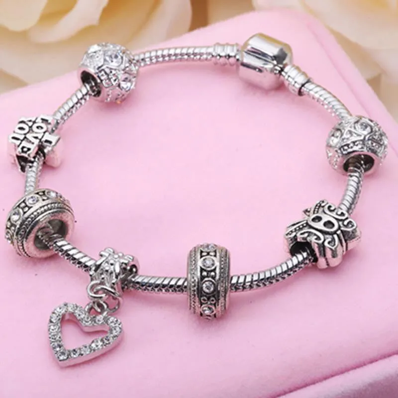 Fashion Silver Heart Charm bracelet for Women Crystal Beads Bracelet Original Women Bracelets Bangle DIY Jewelry Pulseries Gift