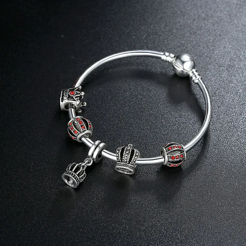 Fashion Simple 925 Silver Charm Bangle & Bracelet with Royal Crown Pendant & Red Crystal Ball Friendship Bracelet