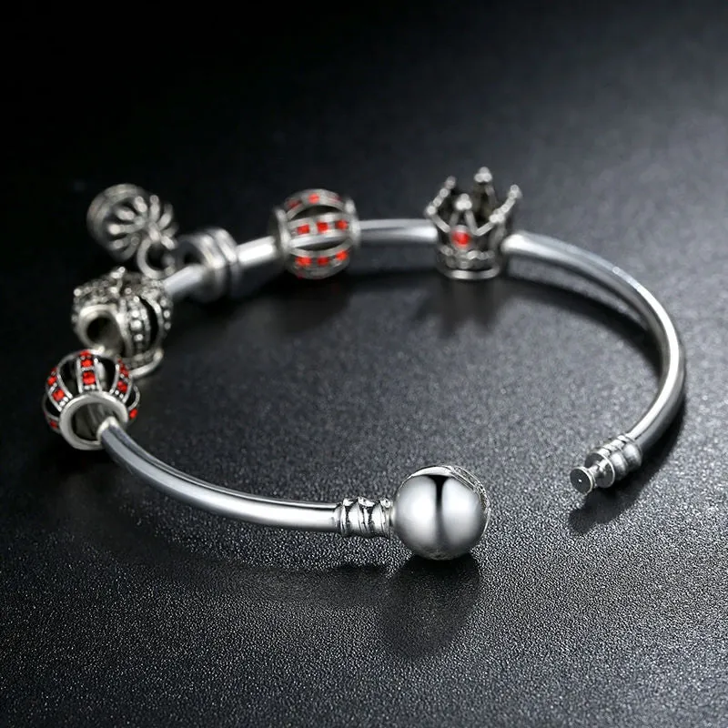 Fashion Simple 925 Silver Charm Bangle & Bracelet with Royal Crown Pendant & Red Crystal Ball Friendship Bracelet