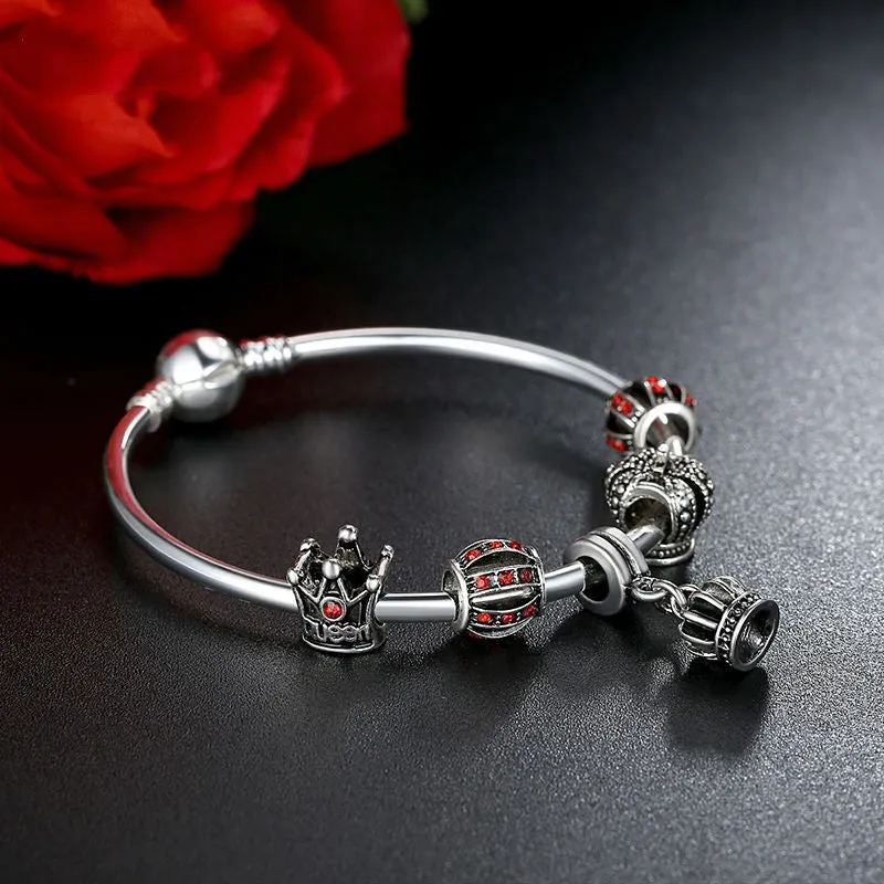 Fashion Simple 925 Silver Charm Bangle & Bracelet with Royal Crown Pendant & Red Crystal Ball Friendship Bracelet