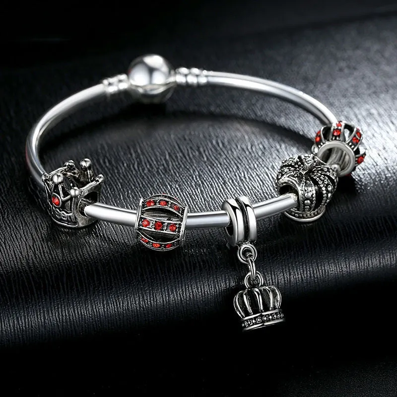 Fashion Simple 925 Silver Charm Bangle & Bracelet with Royal Crown Pendant & Red Crystal Ball Friendship Bracelet