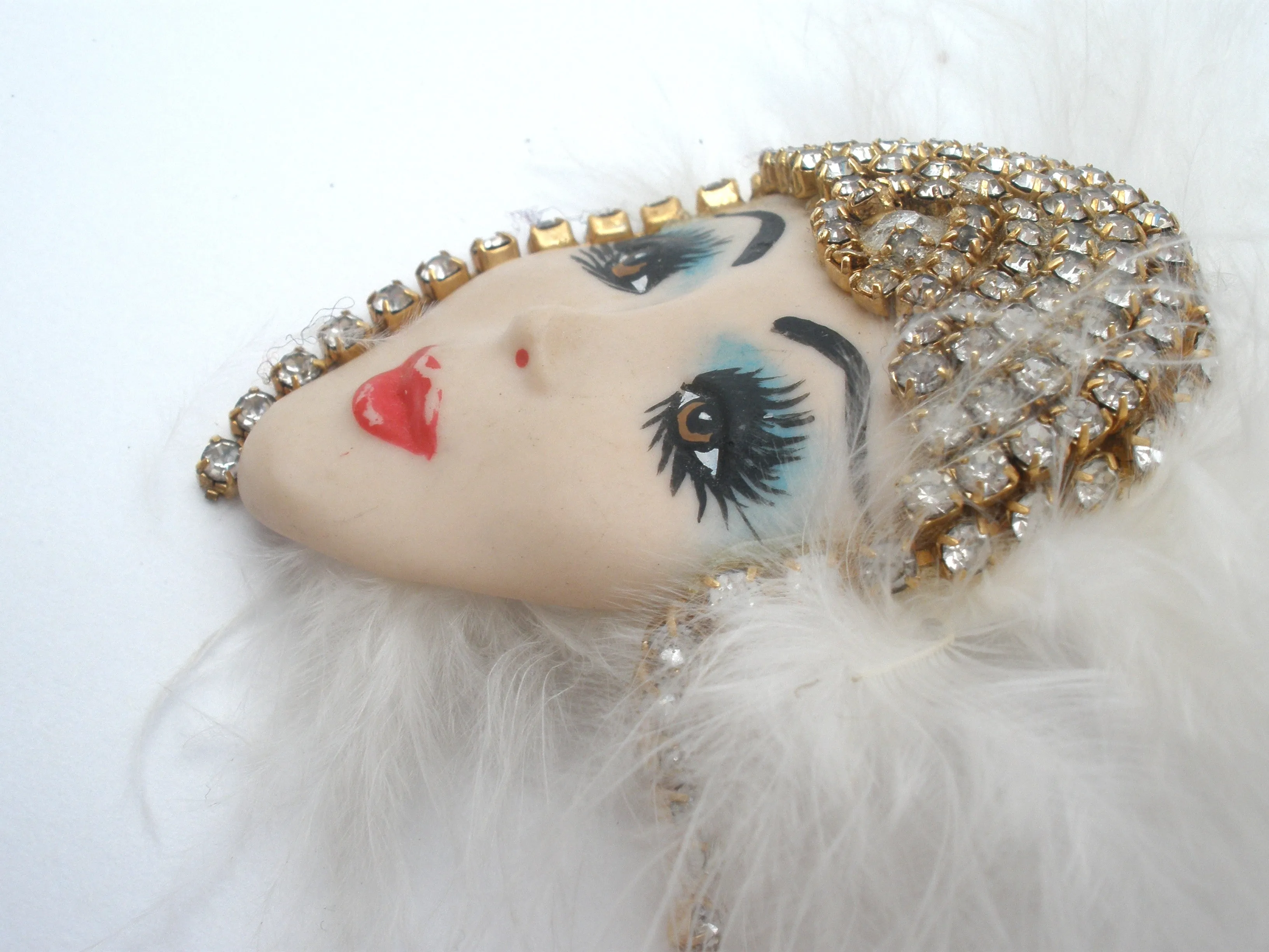 Flapper Porcelain Rhinestone Brooch Pin Vintage