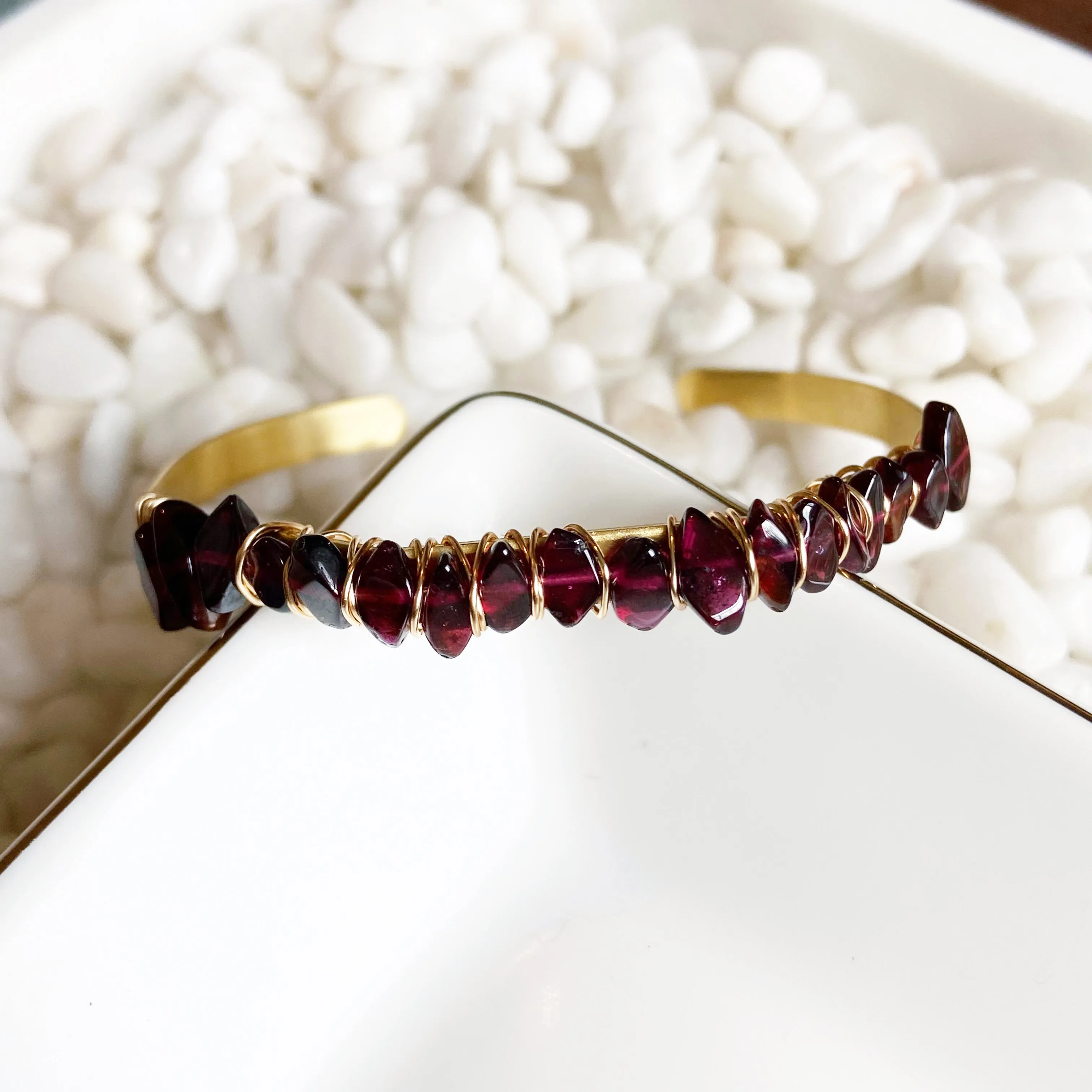 Garnet Pebble Brass Cuff