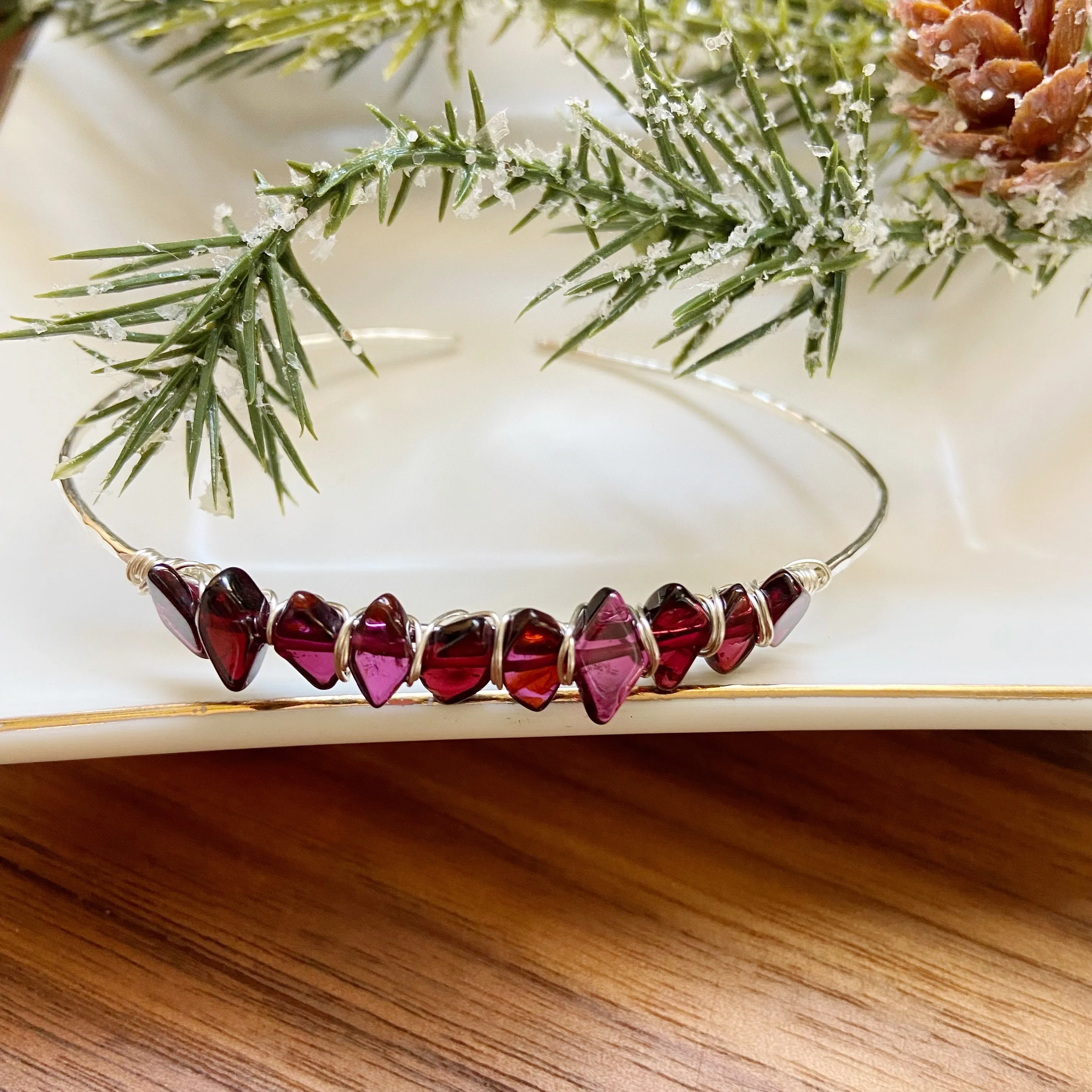 Garnet Pebble Sterling Silver Dainty Cuff