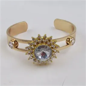 Gold Cuff Bangle Bracelet with Clear Crystal Accent