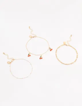 Gold Pearl & Cherry Anklets 3-Pack