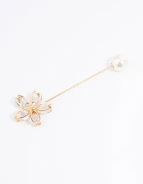 Gold Pearl & Diamante Flower Scarf Pin