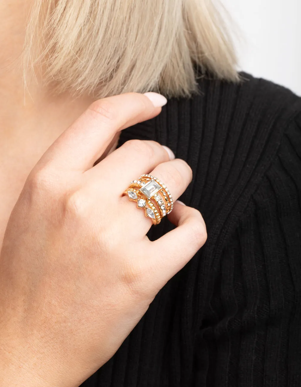 Gold Plated Diamante Shape Ring Stack 5-Pack