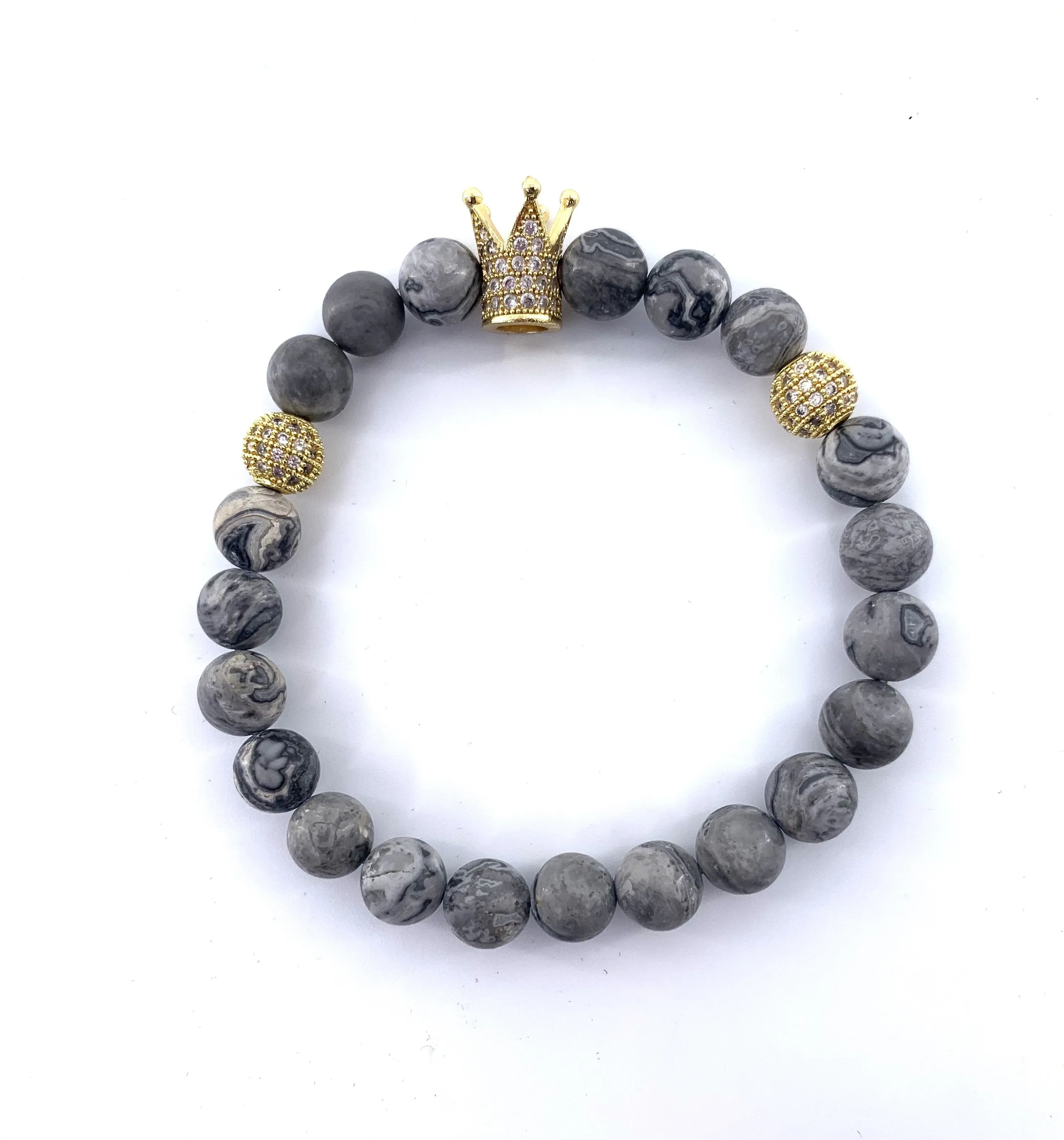 Gray marbled natural stone crown bracelet set