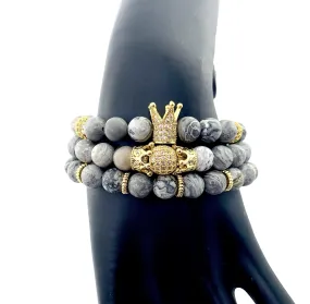 Gray marbled natural stone crown bracelet set