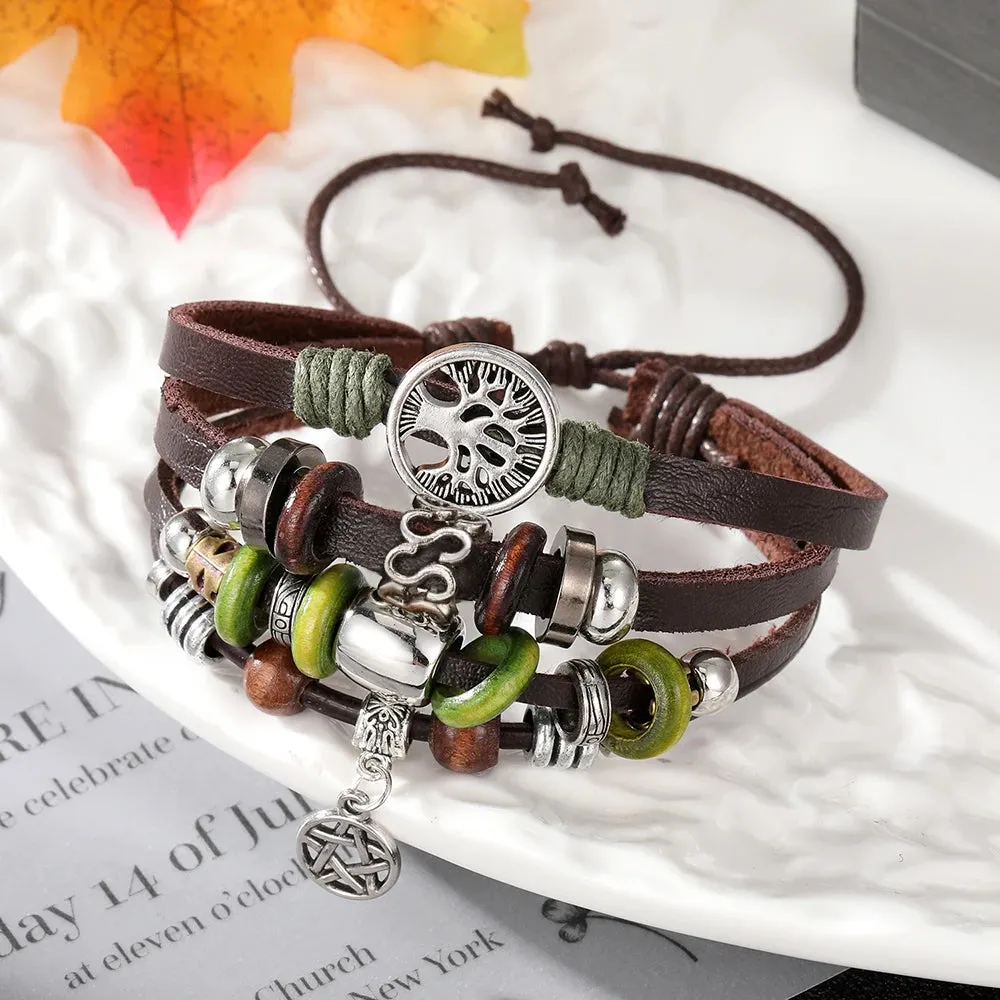 Handmade Weave Charm Tree of Life Wrap Leather Mens Bracelets for Women Star Bangles Femme Homme Male Jewellery Pulseras Mujer