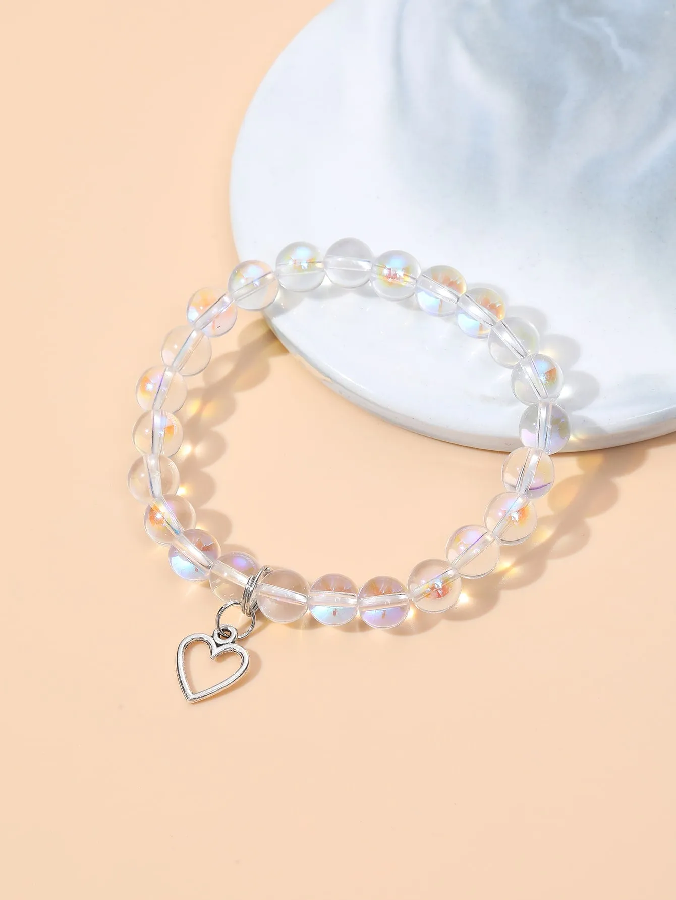 Holographic Clear Heart Charm Beaded Bracelet Bead-string Bracelet Jewelry