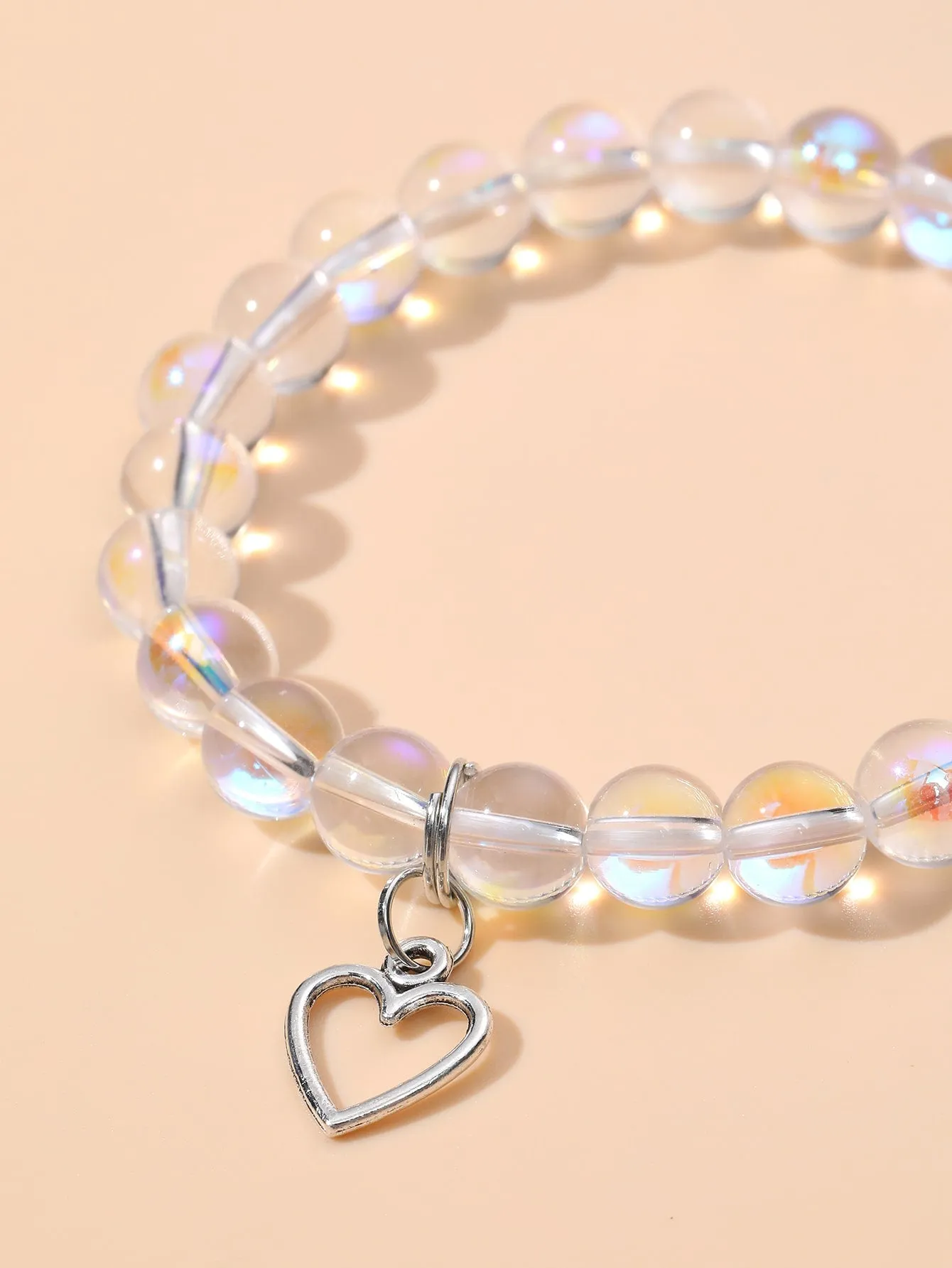 Holographic Clear Heart Charm Beaded Bracelet Bead-string Bracelet Jewelry