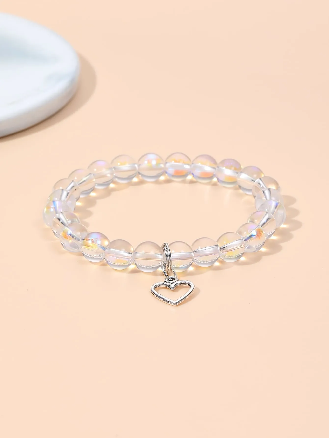 Holographic Clear Heart Charm Beaded Bracelet Bead-string Bracelet Jewelry