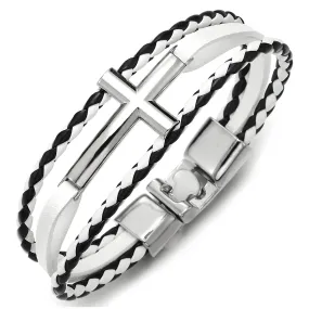 Horizontal Sideway Lateral Cross Black White Braided Leather Bangle Wristband Bracelet, Three-Row