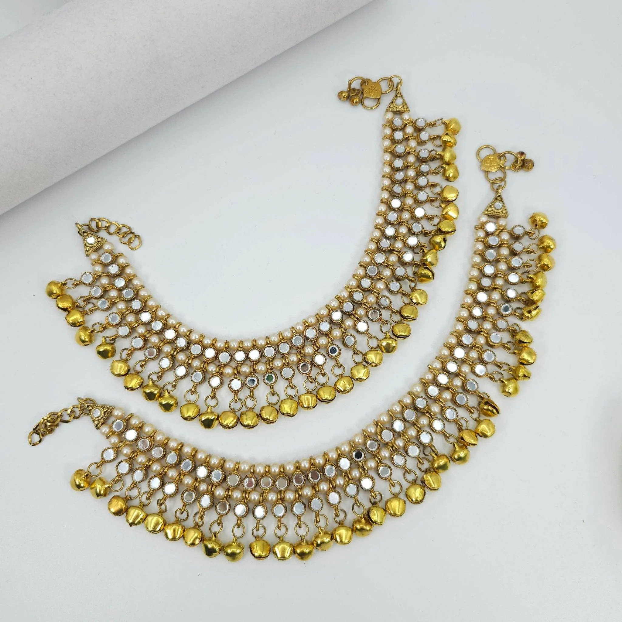 Ishal - Antique Gold Mirrored and pearl Anklet With Bells