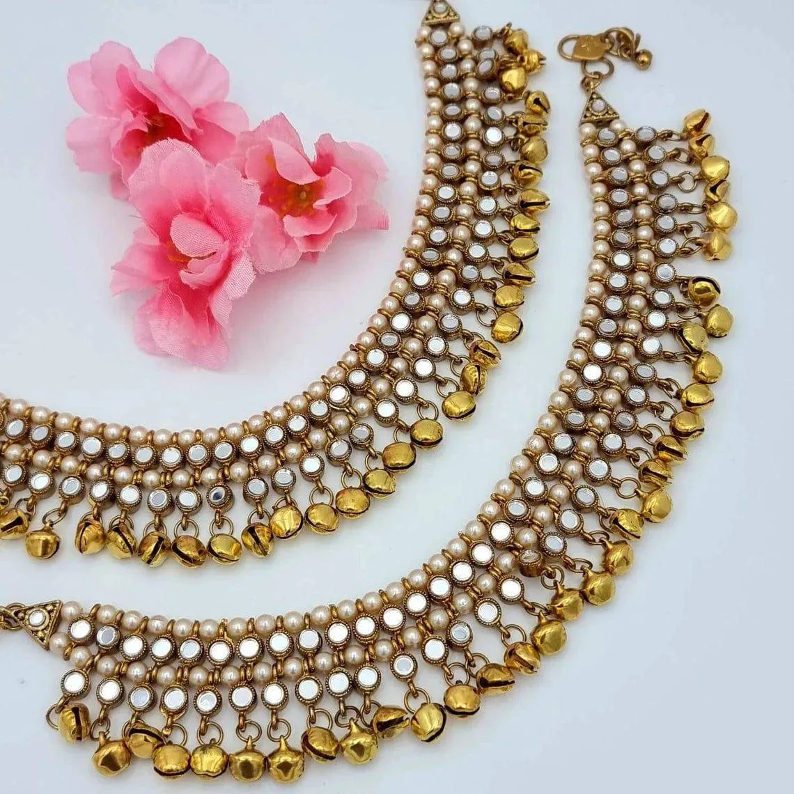 Ishal - Antique Gold Mirrored and pearl Anklet With Bells