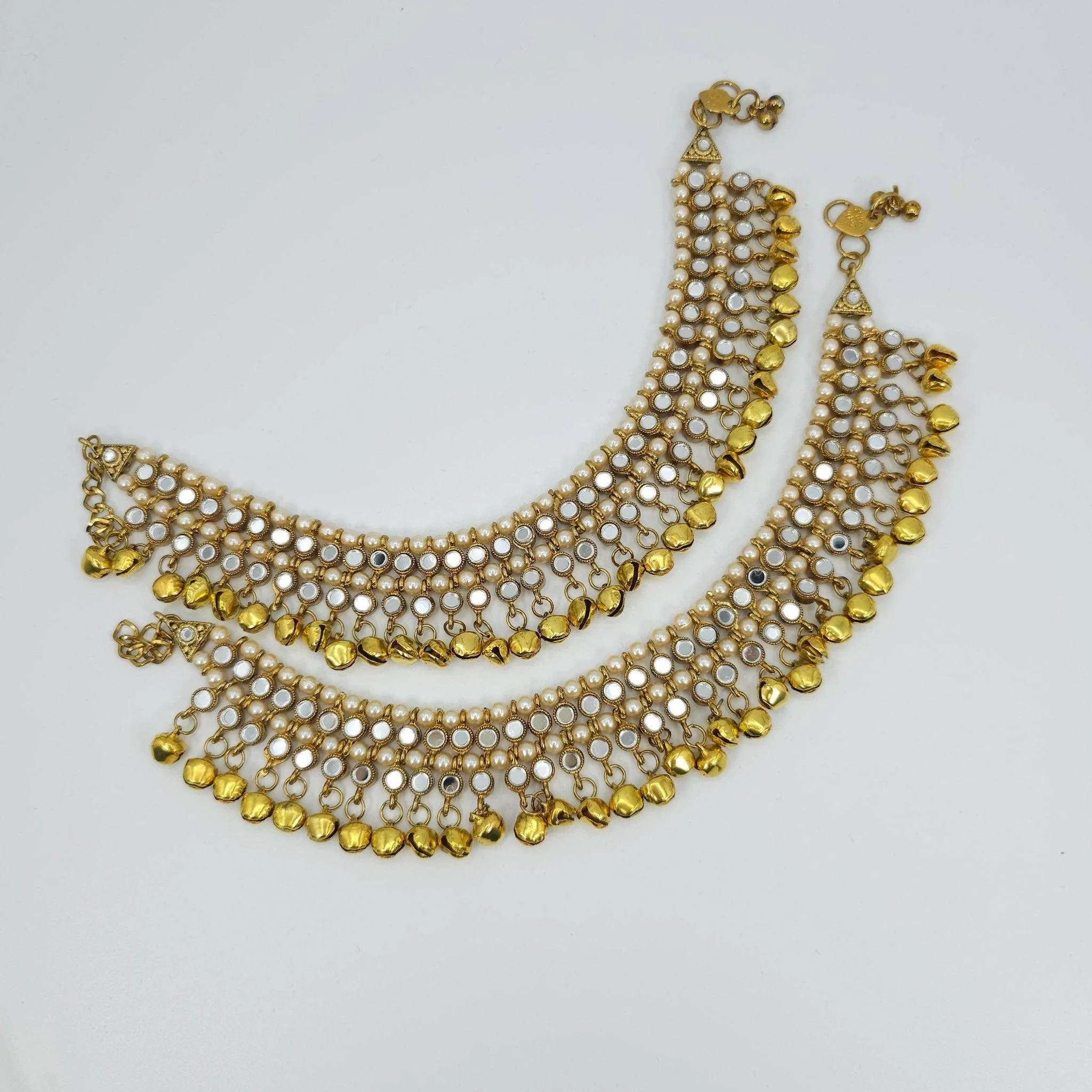 Ishal - Antique Gold Mirrored and pearl Anklet With Bells