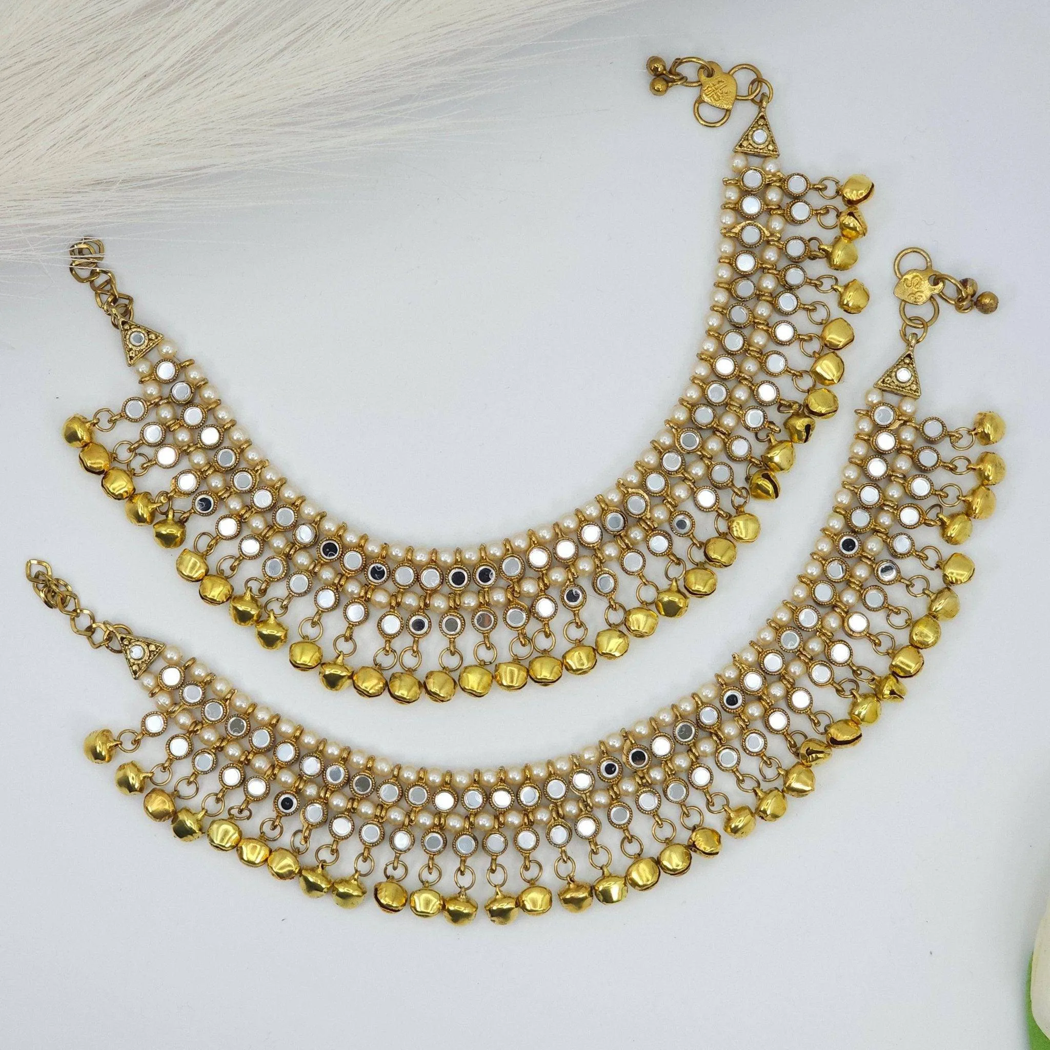 Ishal - Antique Gold Mirrored and pearl Anklet With Bells