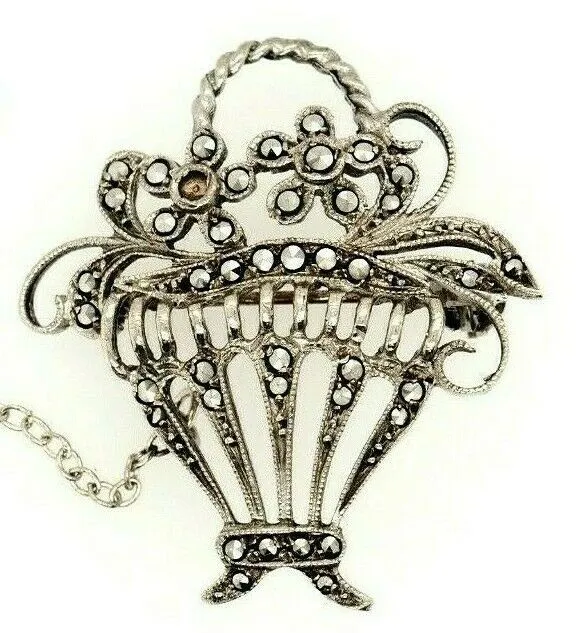 Marcasite Sterling Silver Flower Basket Brooch