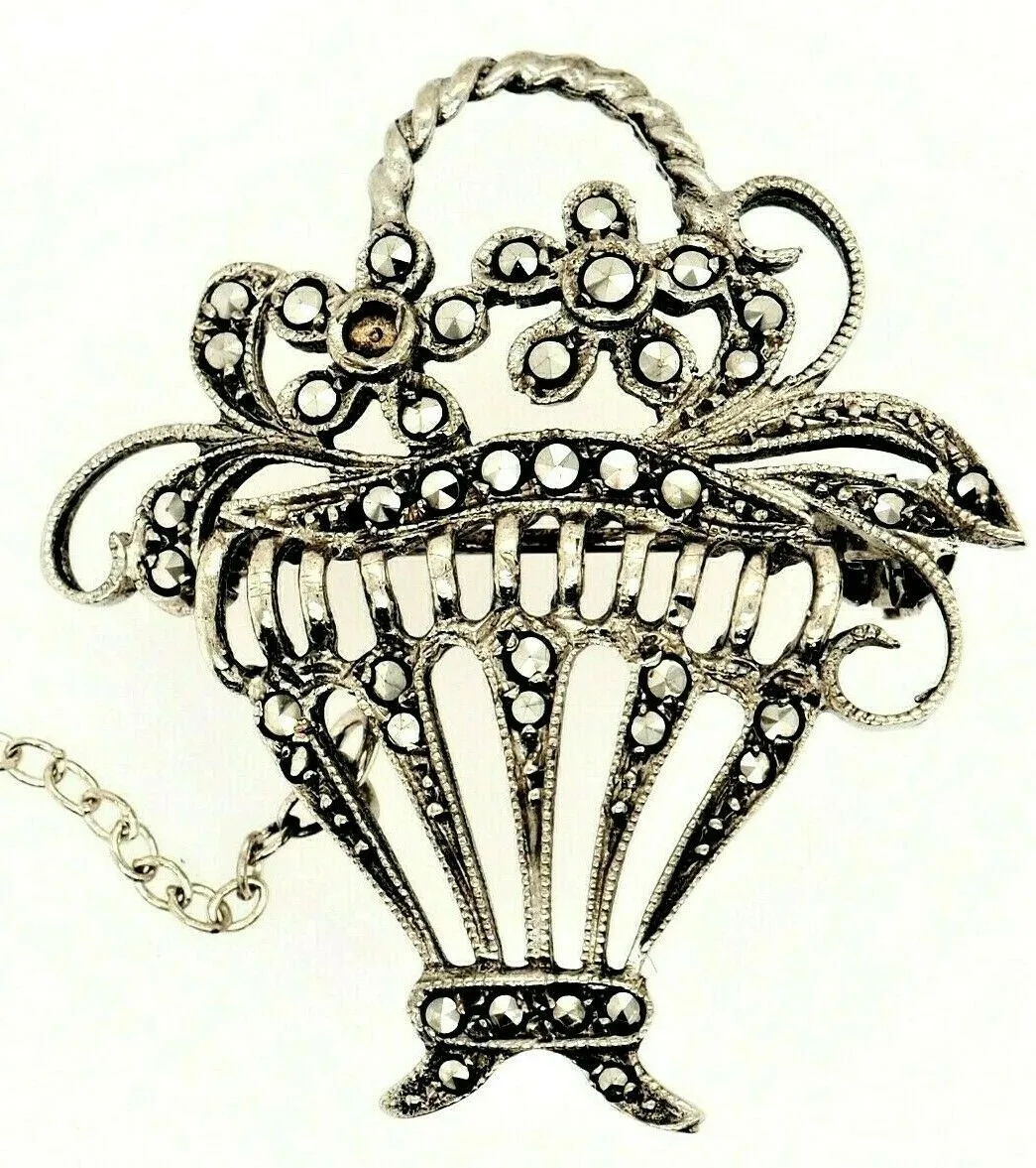 Marcasite Sterling Silver Flower Basket Brooch