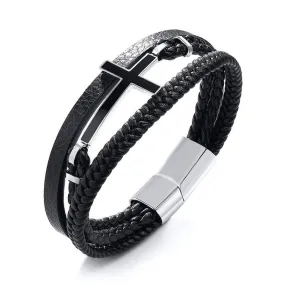 Men's Cross Bracelet <br> Steel Cross Leather Band