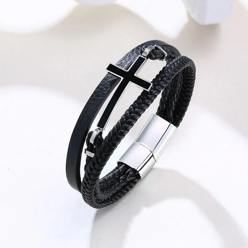 Men's Cross Bracelet <br> Steel Cross Leather Band