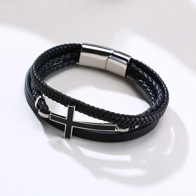 Men's Cross Bracelet <br> Steel Cross Leather Band