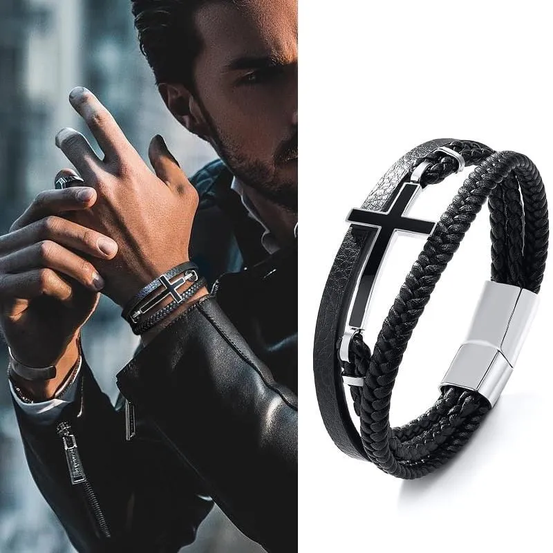 Men's Cross Bracelet <br> Steel Cross Leather Band