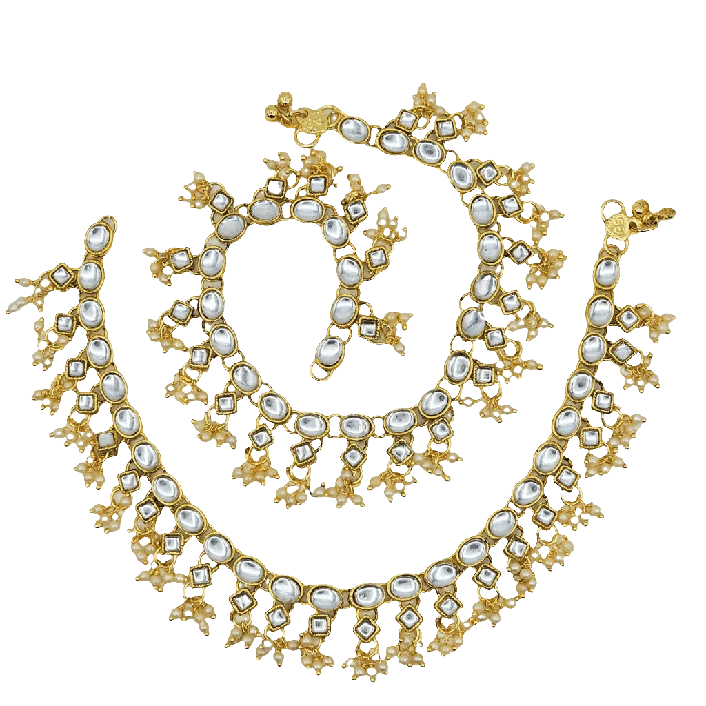 Neha Oval Shape Kundan Stone Pearl detailed Anklets