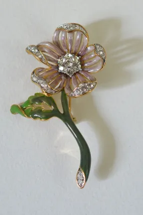 Nolan Miller Rose Mauve Enamel and Crystal Flower Brooch