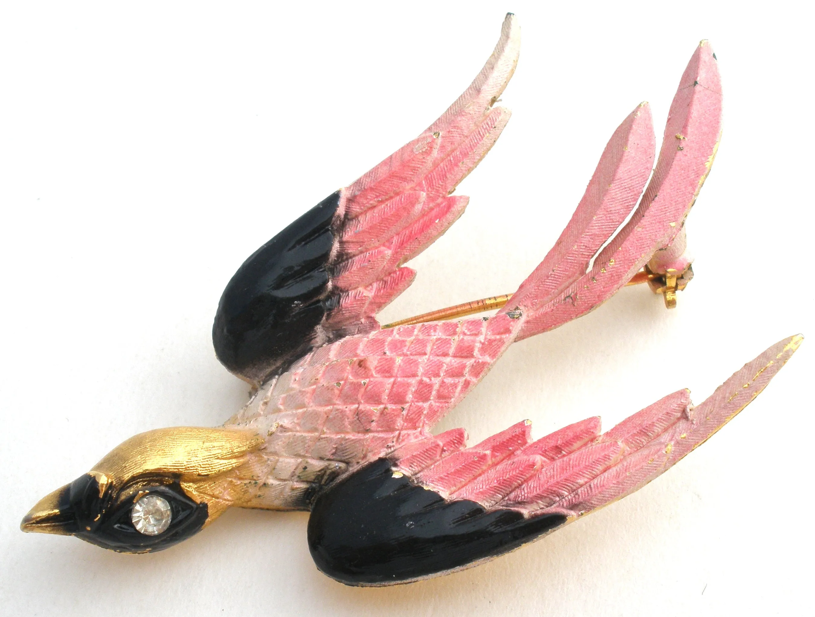 Pink & Black Swallow Bird Brooch Pin by Mamselle Vintage