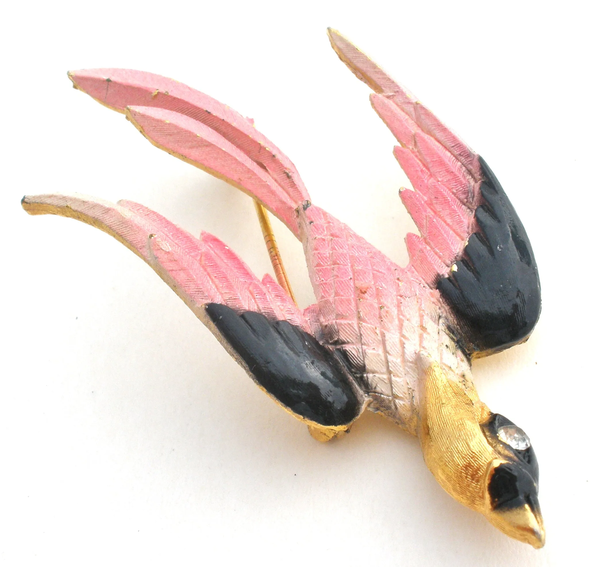 Pink & Black Swallow Bird Brooch Pin by Mamselle Vintage