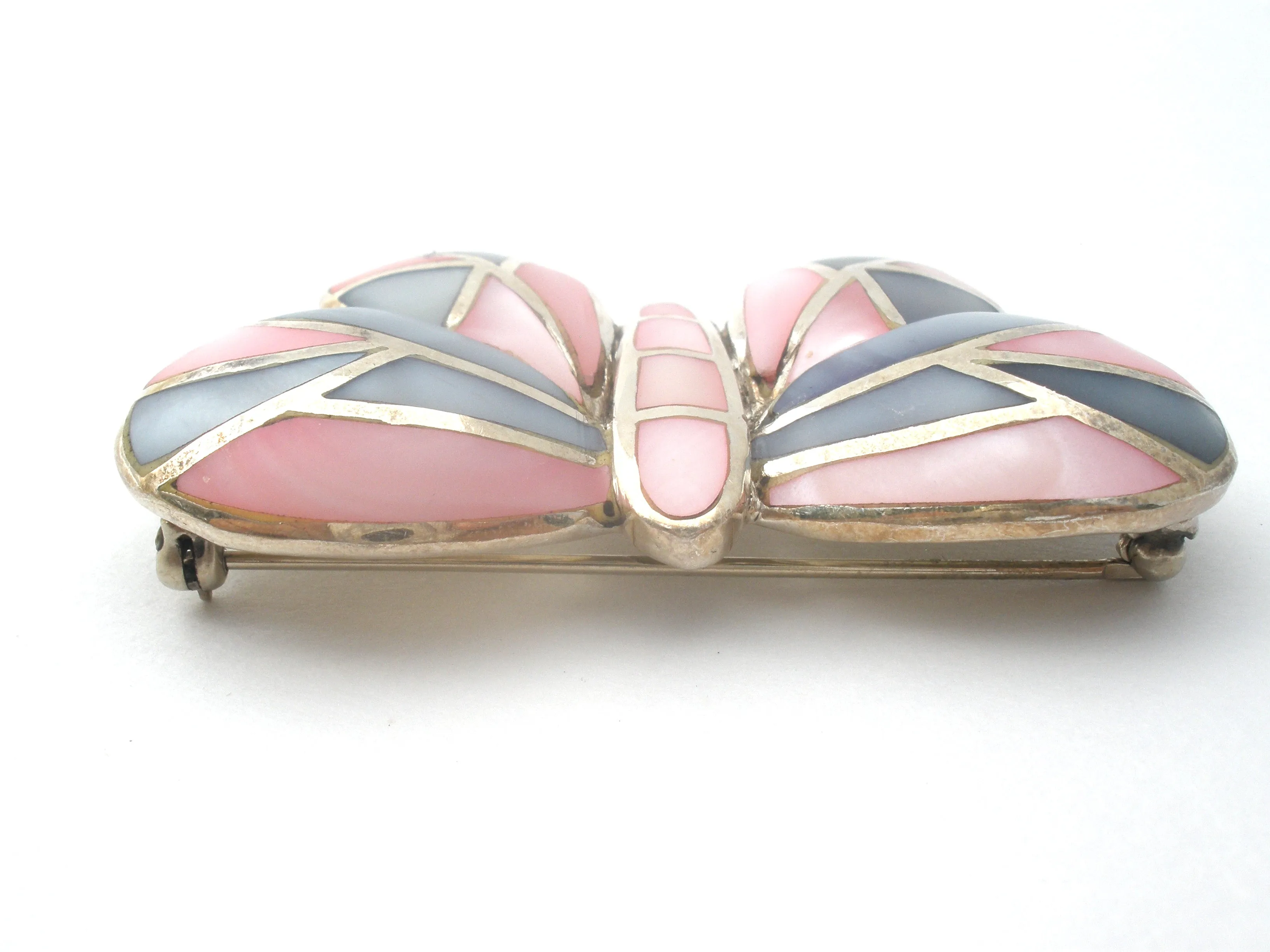 Pink & Blue Mother Of Pearl Butterfly Brooch Sterling Silver