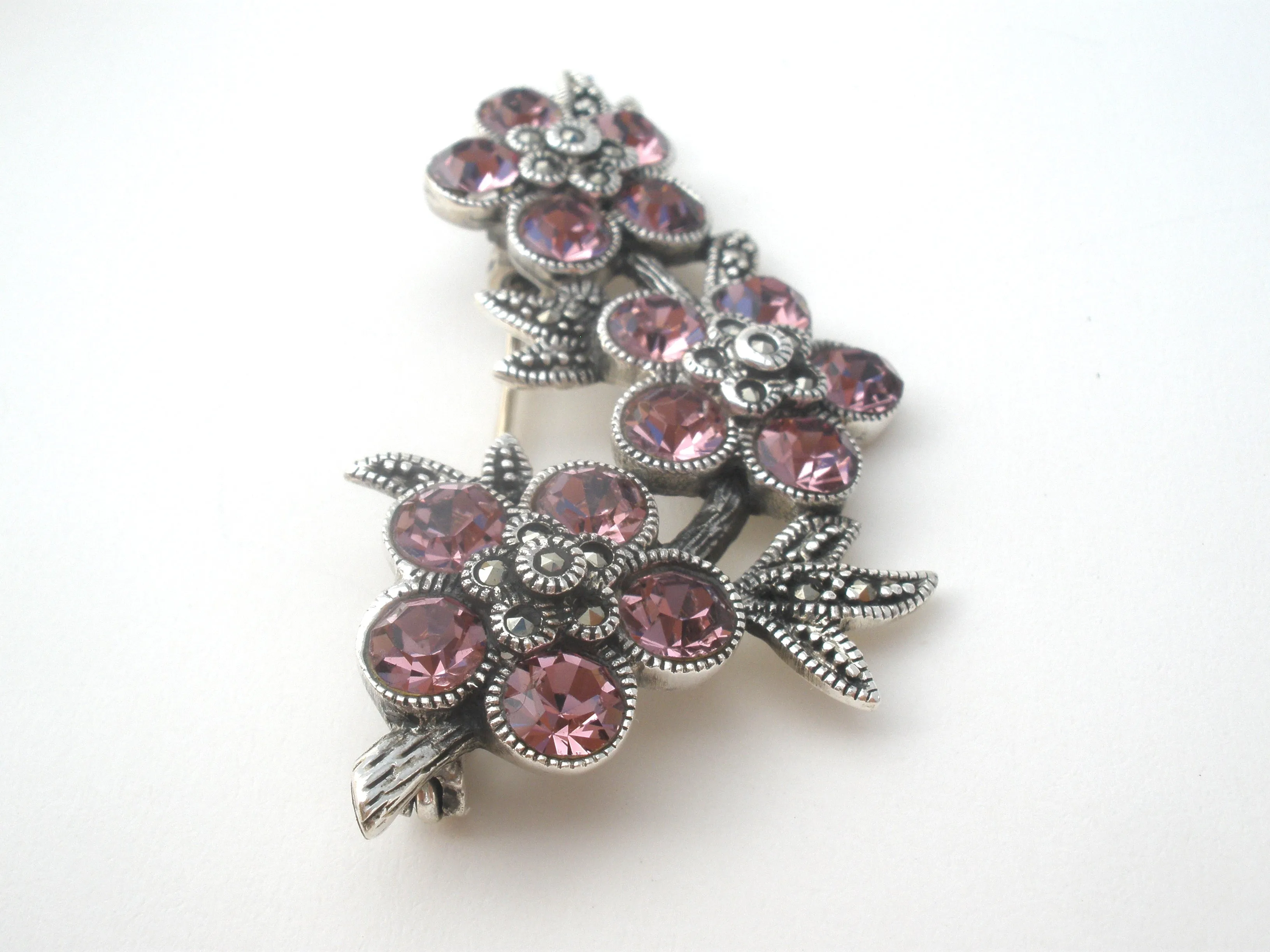 Pink Crystal Flower Brooch Sterling Silver