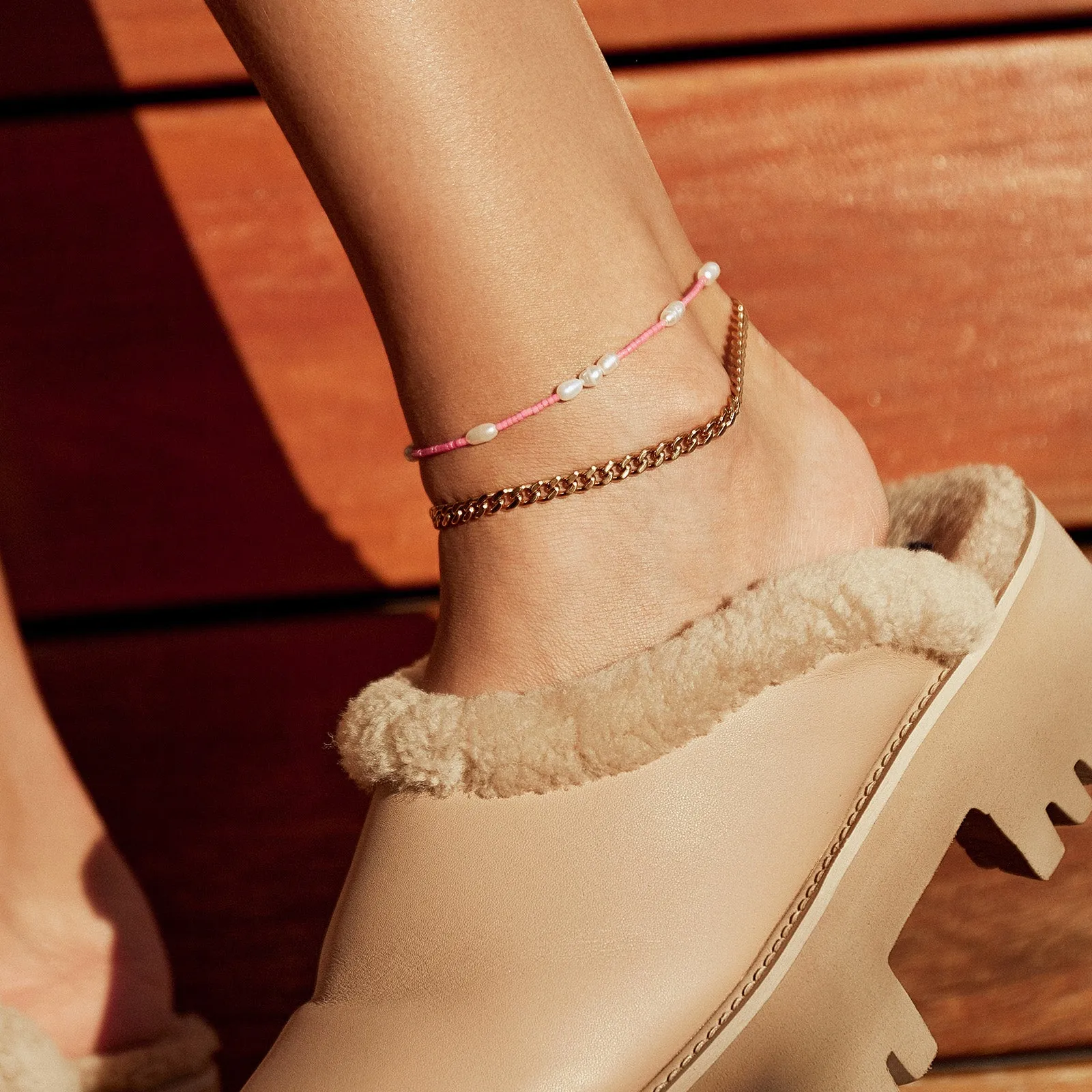 Poppy Pearl & Glass Beaded Anklet - Pink