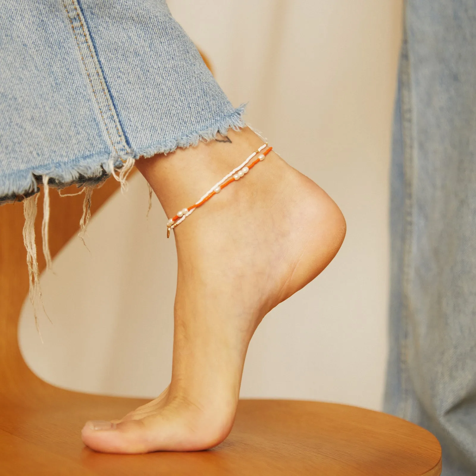 Poppy Pearl & Glass Beaded Anklet - White