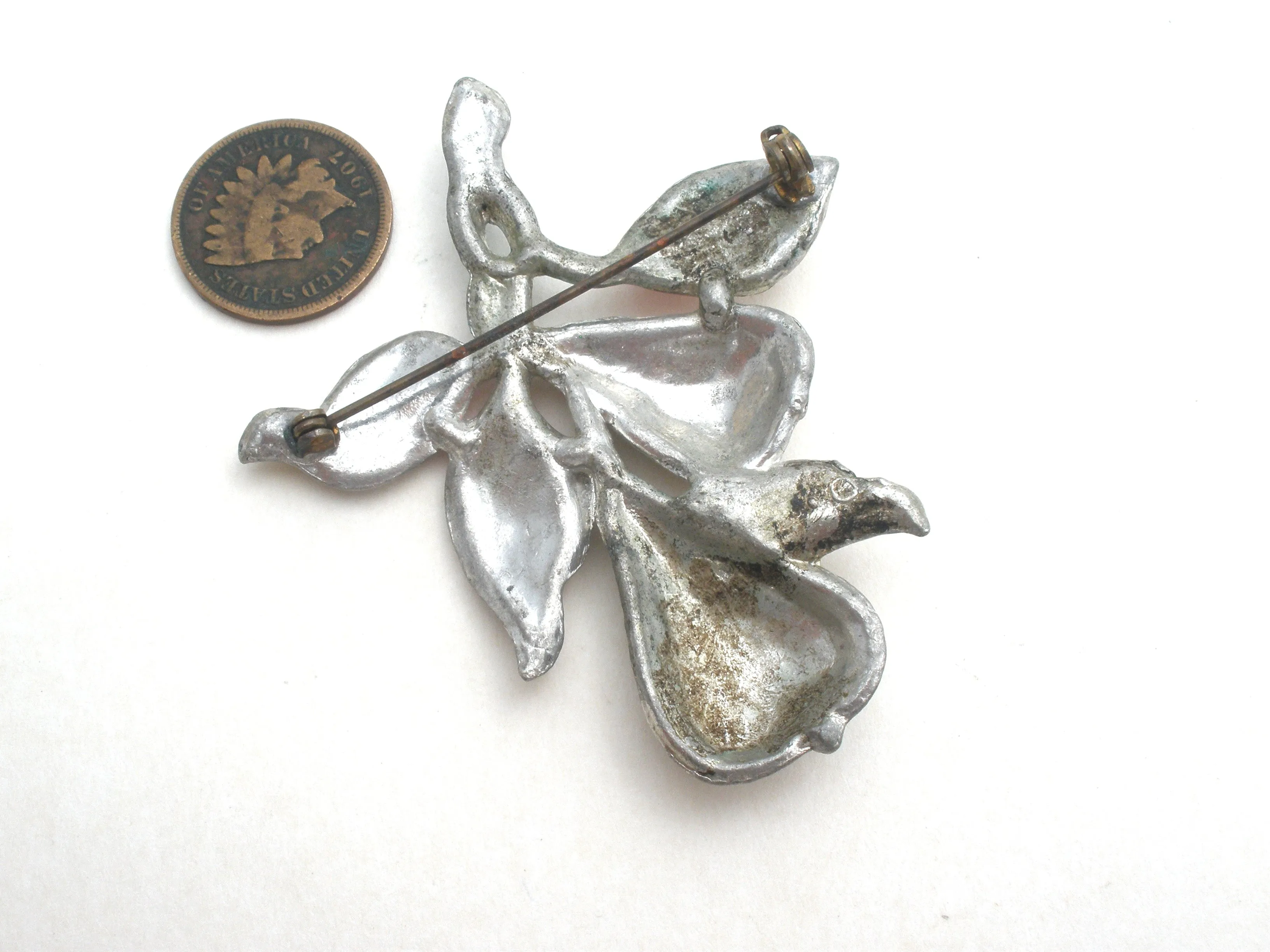 Pot Metal Pear Enamel & Rhinestone Brooch Pin Vintage