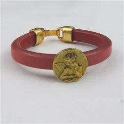 Red Regaliz Leather Bracelet with Gold Angel Coin Focus