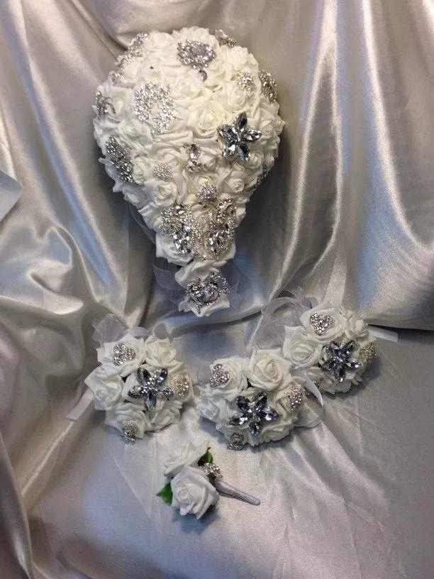 Rose & Brooch bouquet, bridesmaid brooch bouquet, buttonholes, all sold separately, any colour by Crystal wedding uk