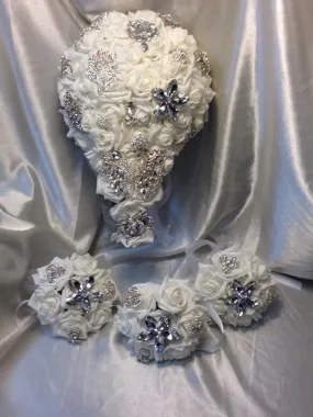 Rose & Brooch bouquet, bridesmaid brooch bouquet, buttonholes, all sold separately, any colour by Crystal wedding uk