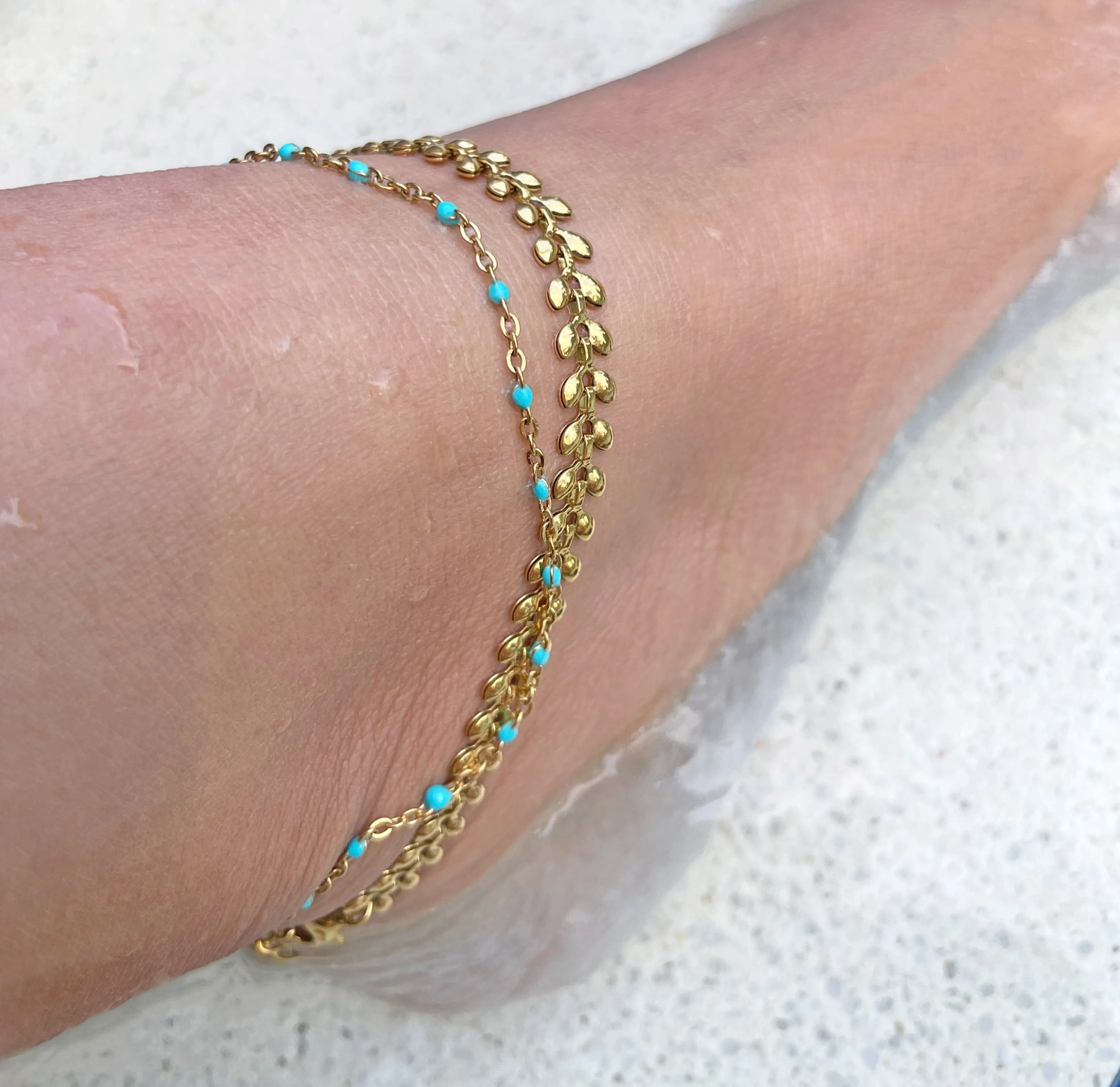 ROXIE DAINTY GOLD BLUE BEAD CHAIN ANKLET