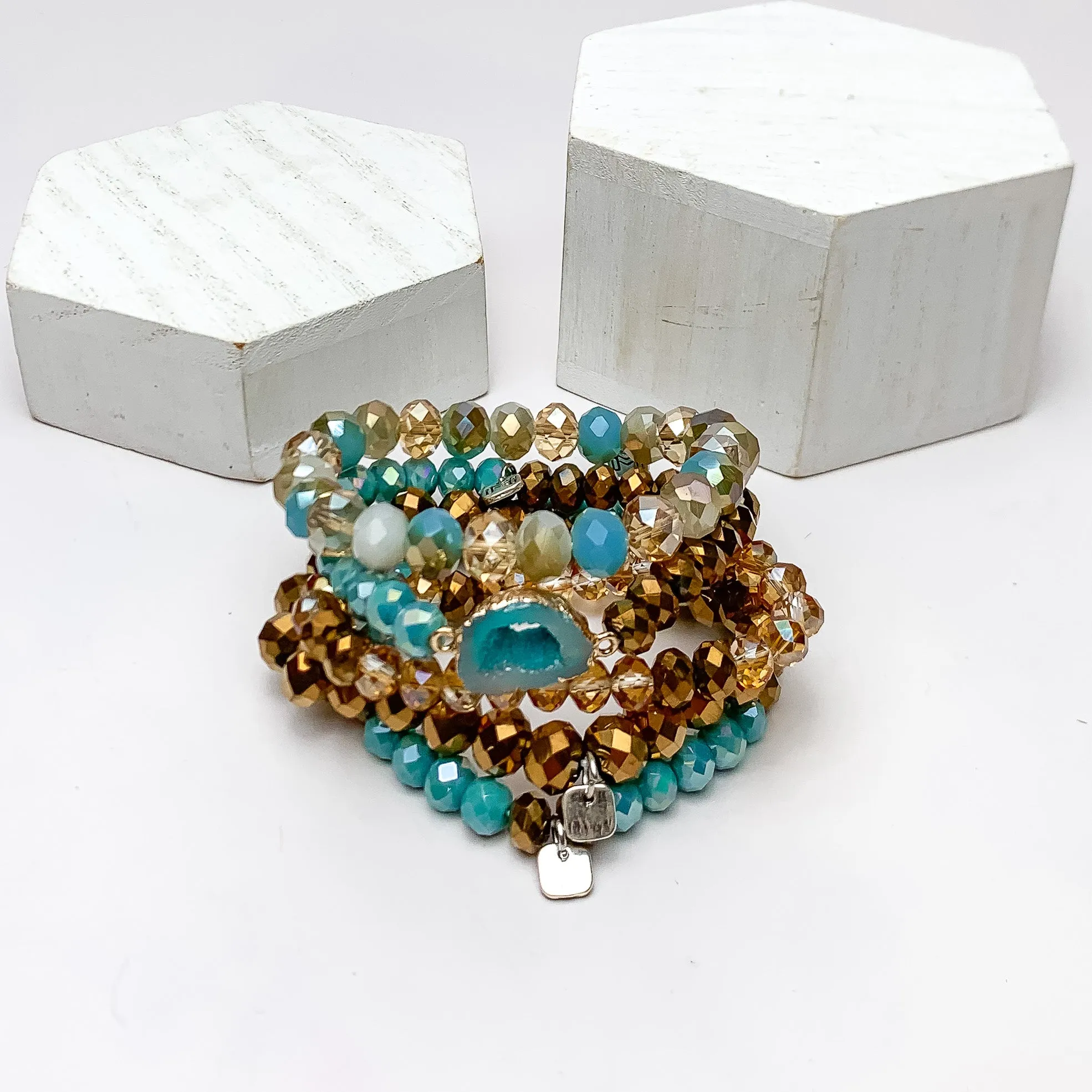 Set of Five | All Nighter Crystal Beaded Bracelet Set in Turquoise Blue and Gold Tones