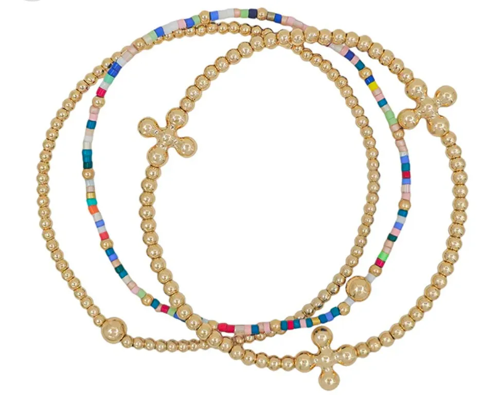 Set of Three Gold Cross and Multi Small Beaded Stretch Bracelets-Multi