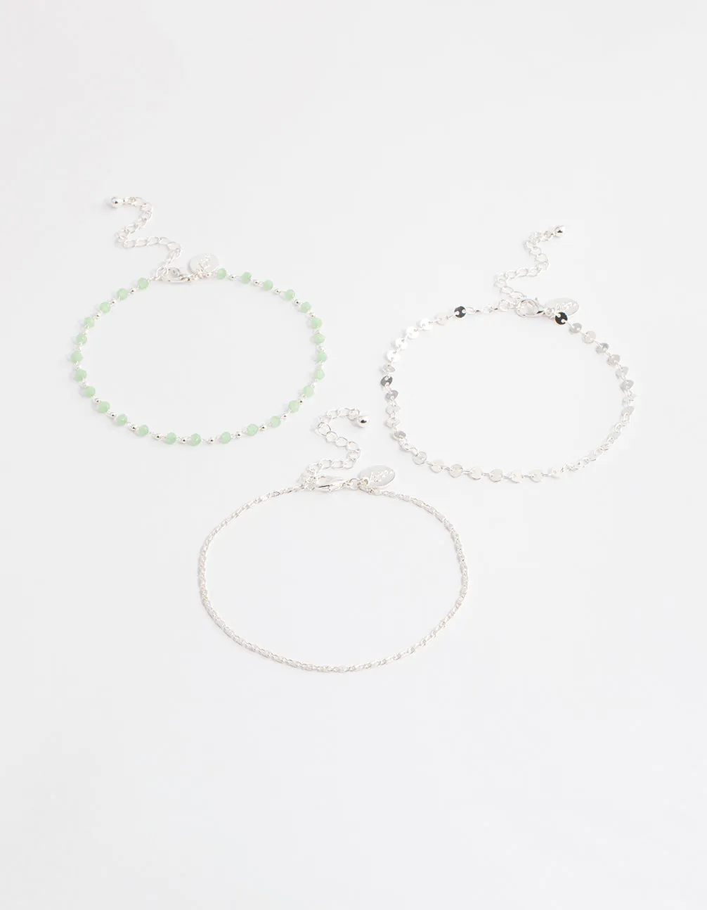 Silver Mixed Beaded & Disc Chain Anklet Pack