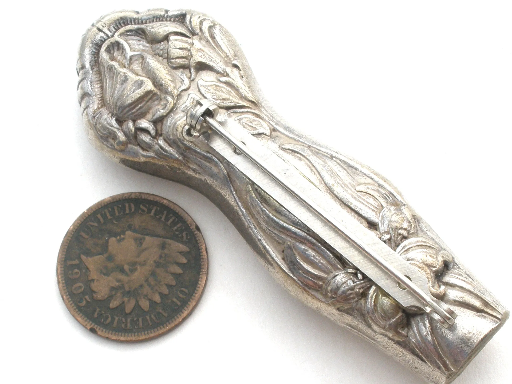 Silverplate Spoon Handle Brooch Pin Art Nouveau