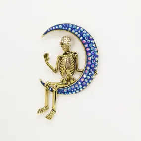 Skeleton on Crescent Moon Brooch