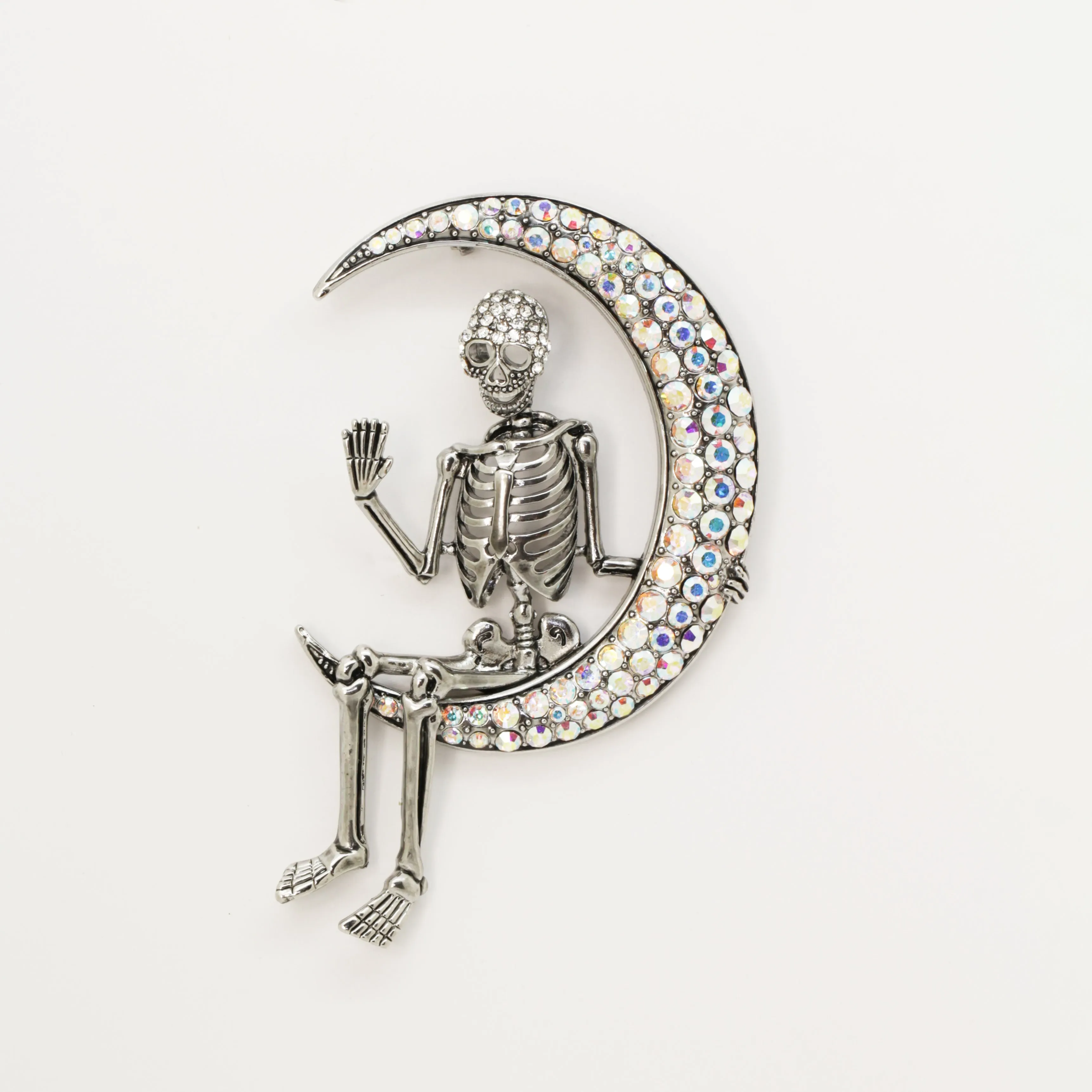 Skeleton on Crescent Moon Brooch