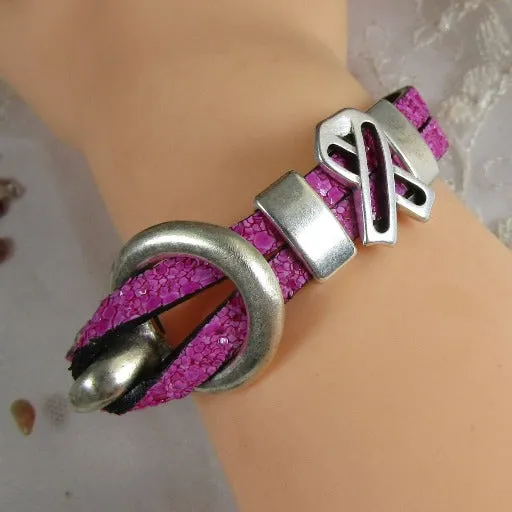 Sparkly Pink  Awareness Leather Bracelet