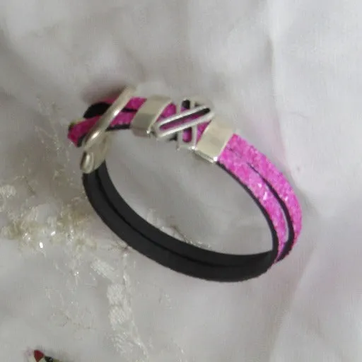 Sparkly Pink  Awareness Leather Bracelet